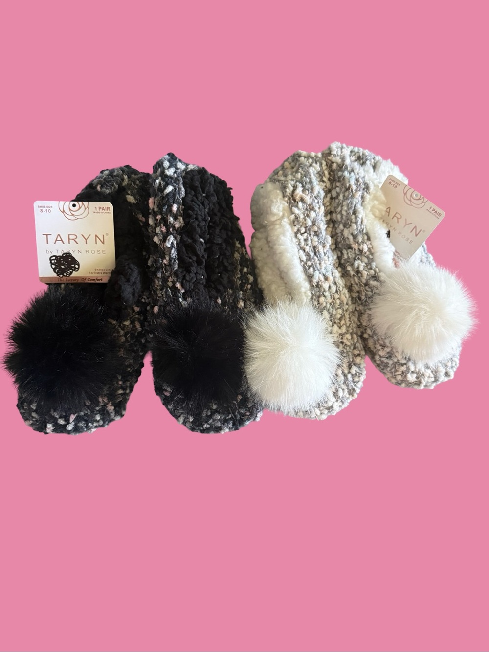 TARYN Cozy Pom-Pom Women’s Slipper Socks - Black & Cream